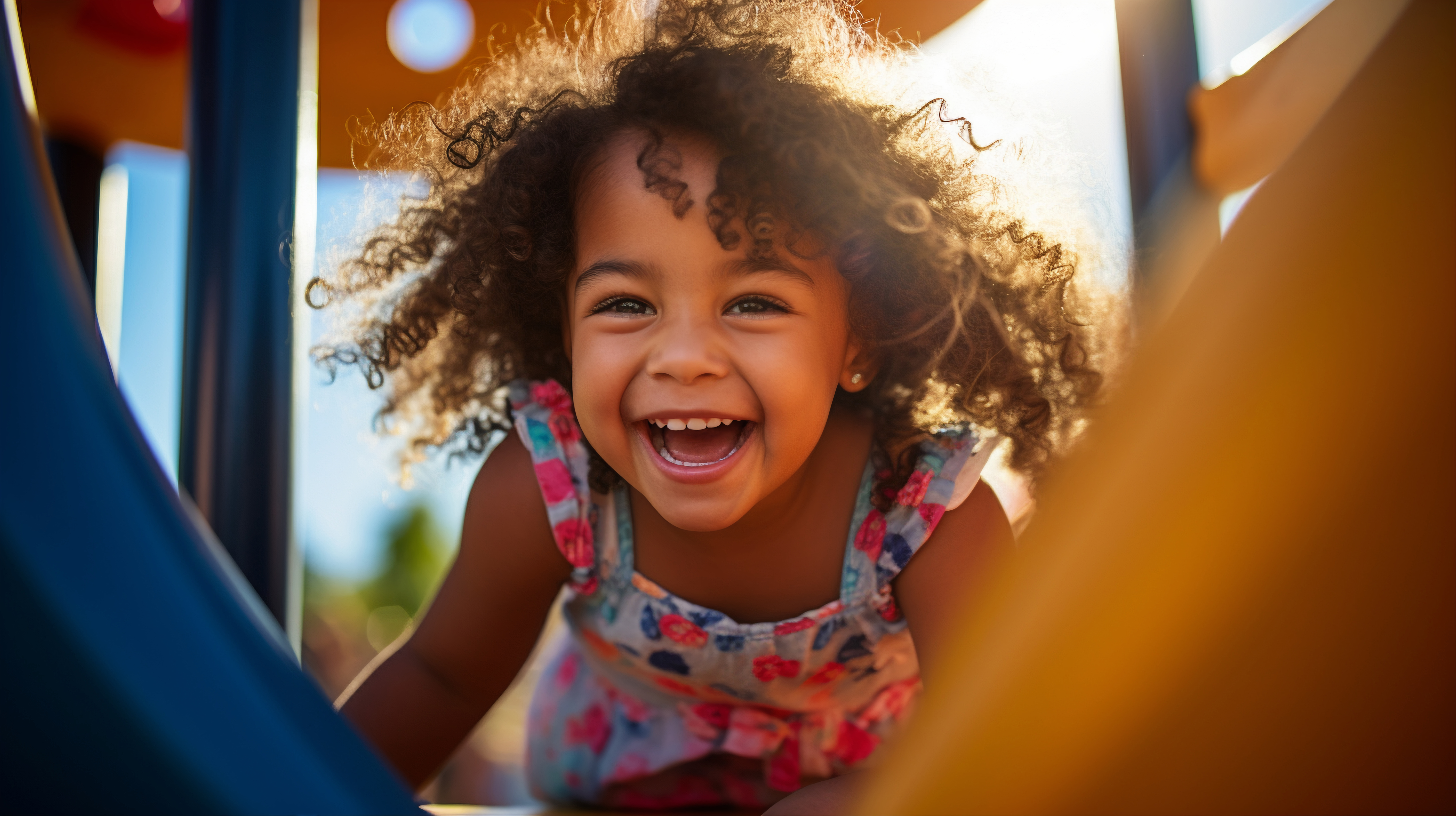A young girl laughing as she climbs through a playground